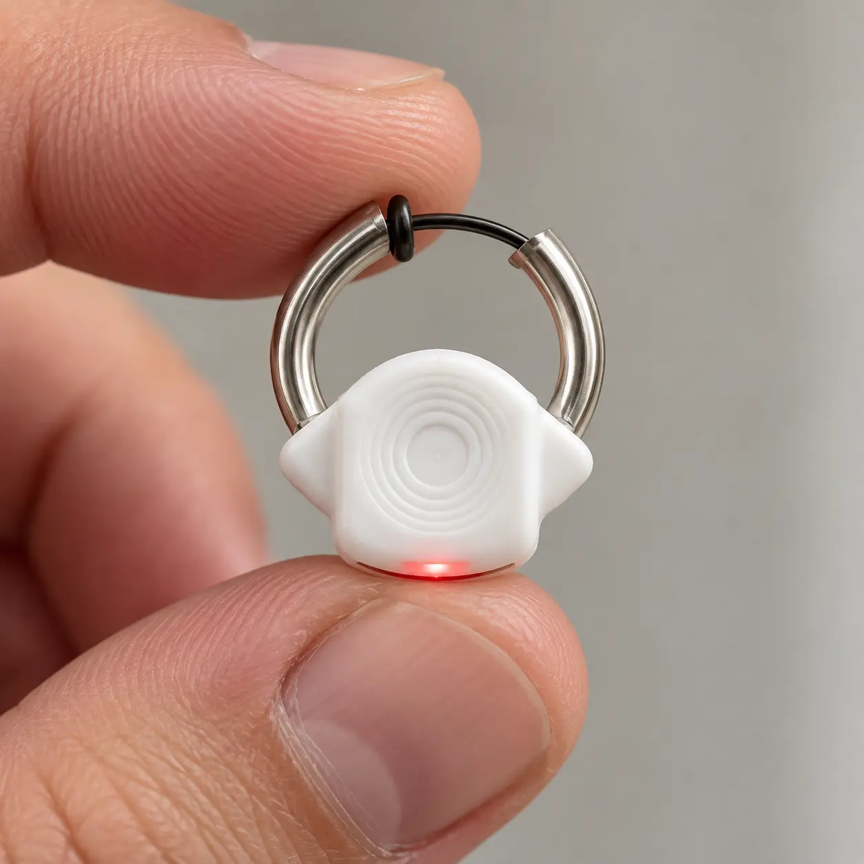 Smart Nasal Ring held between two fingers: a white sensor housing on a steel septum ring with a small red status light